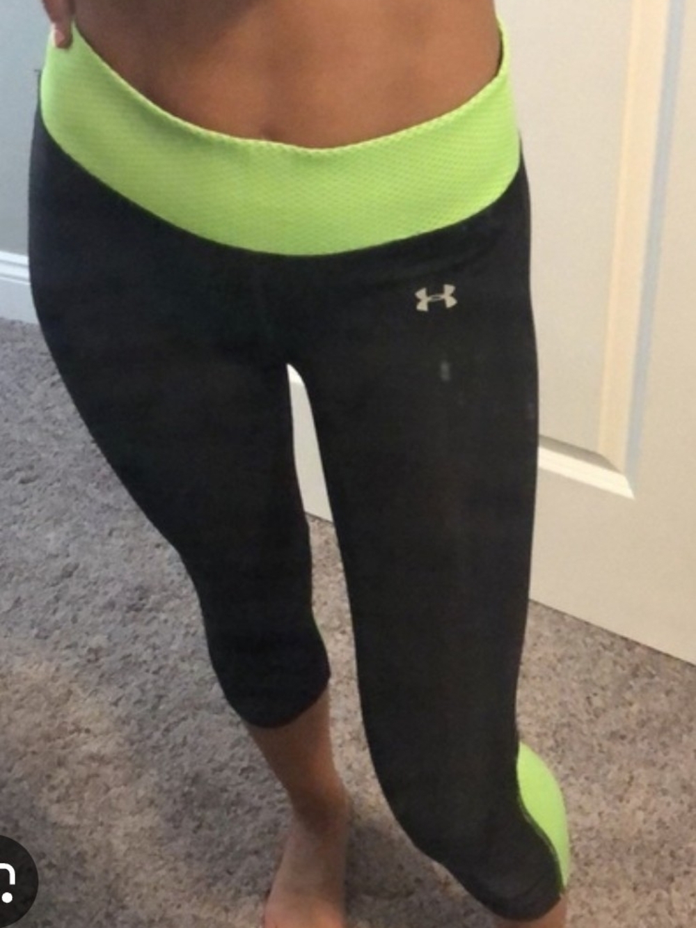 Under Armour Black Capri Leggings with Neon Green Waistband and Heel Panels